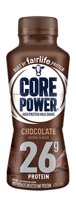 A bottle of Core Power Chocolate high-protein milk shake.
