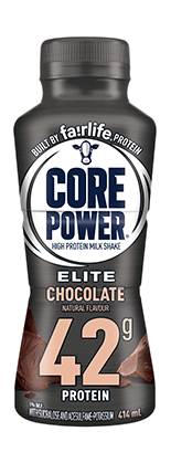 A bottle of Core Power Elite Chocolate high-protein milk shake.