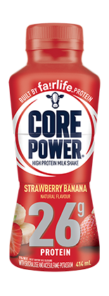 A bottle of Core Power Strawberry Banana high-protein milk shake.