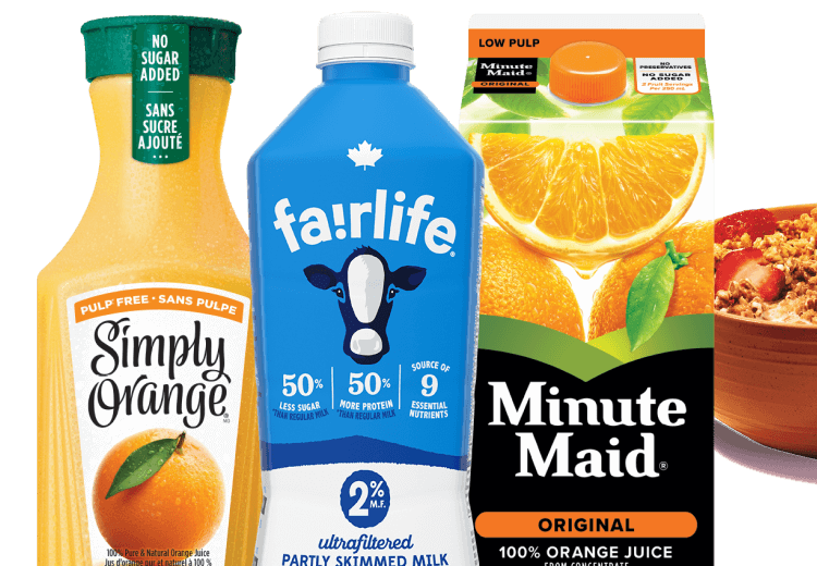 A product lockup of a bottle of Simply Orange juice, a bottle of fairlife 2% partly skimmed milk, and a carton of Minute Maid Original orange juice.